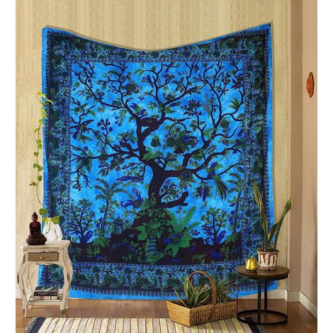 Tapis Tissu Indien Coton Arbre de Vie Psychédélique Turquoise, Double 200x150 cm, Jeté de Lit, Nappe de Pique-Nique, Décor Mural Plafond, Art Textile Hippie (1/5)