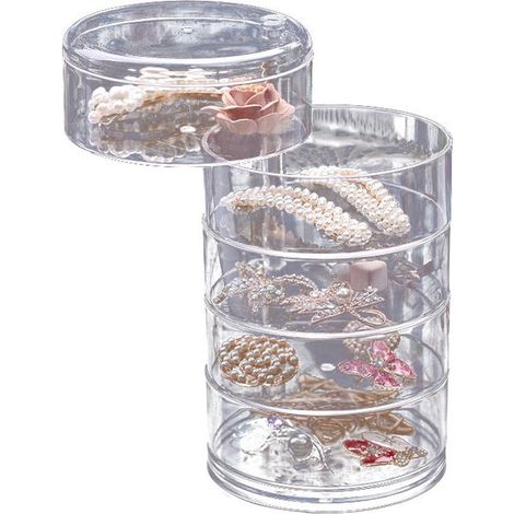 Scatola portaoggetti da scrivania trasparente girevole a 5 scomparti per gioielli e accessori, dimensioni 11 x 21 cm. (1/5)