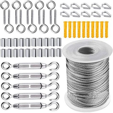 Kit de Câble Métallique, Cable Acier Jardin Tendeur, Corde en Acier Inoxydable à Suspendre Kit, 50m Câble en acier inoxydable revêtu de Nylon pour Corde à Linge Corde de Tente, 56 Pièces - RWEtendoir (1/5)
