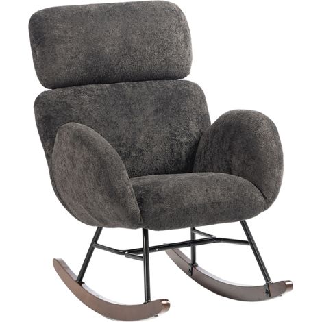 Fauteuil à bascule rembourré avec appui-tête réglable, revêtement en velours à motif gouttes de pluie, structure en bois d'hévéa, gris foncé (1/5)