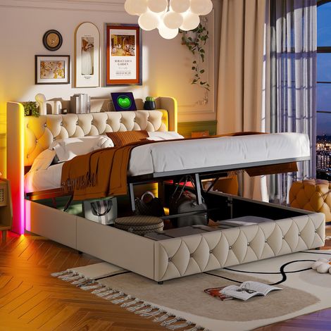 Lit coffre 140x200 cm, lit hydraulique rembourré, tête de lit épaisse avec fonction rangement, éclairage d'ambiance LED, fonction chargement, beige (1/5)