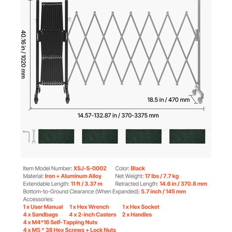VEVOR Expandable Barricade, 11FT Expandable Safety Barrier, Flexible Mobile Barricade with Locking Casters, Portable Folding Security Gate Metal Traffic Fence for Patio Garden Stairway (1/4)