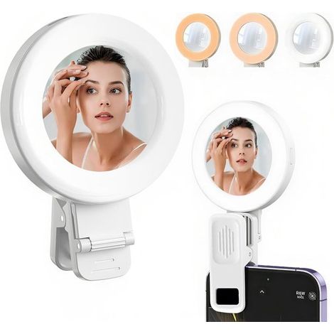 Lampe selfie pour téléphone avec miroir – 3 modes d'éclairage – 2 niveaux de luminosité – Lampe annulaire portable pour maquillage, selfies et visioconférences (1/5)