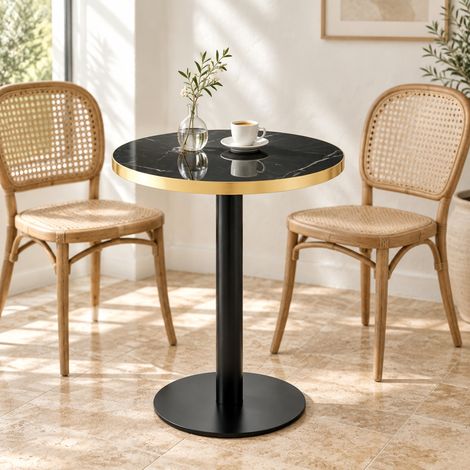 Tavolino rotondo moderno nero con piano effetto marmo e bordo dorato, struttura in metallo, 60 cm (1/4)