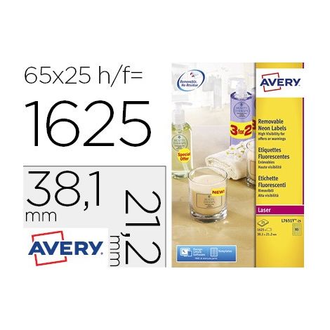 Etiqueta adhesiva avery tamaño 38,1x21,2 mm removible amarillo fluorescente caja de 1625 unidades