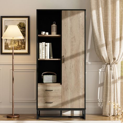 Meuble haut moderne 80x40x180 cm – aspect bois avec cadre noir, avec porte, 2 tiroirs et 3 compartiments ouverts – espace de rangement polyvalent pour salon, bureau et couloir