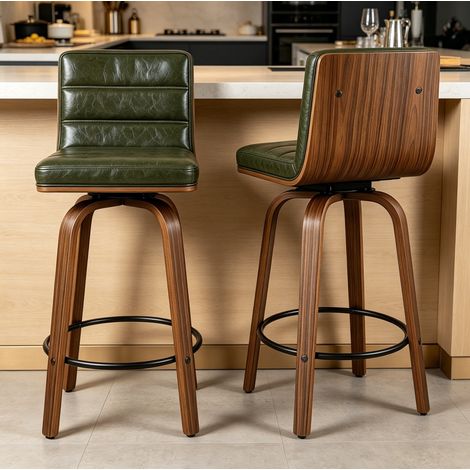 Sgabello da bar girevole in PU verde con schienale, poggiapiedi e gambe in legno DESVIAE (1/5)