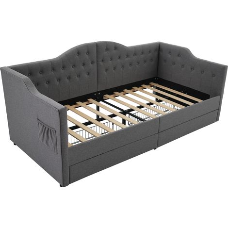 Letto Divano 90 x 190 cm, Letto Singolo con 2 Cassetti, USB e Tipo C, senza Materasso, Lino Grigio (1/4)
