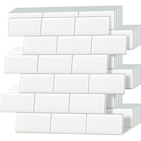 LYERCW - Carreaux adhésifs épais, carreaux muraux auto-adhésifs, crédence de cuisine style métro, blancs, 10 feuilles