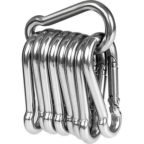 Lot de 10 mousquetons robustes inox 60x6 mm avec système à cliquet, crochets de traction et fixation (1/5)