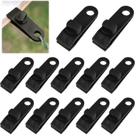 Set of 12 Tent Tarpaulin Clips, Tarpaulin Clamp, Adjustable Tent Clip, for Holding Camping Accessories, for Awnings, Camping, Caravan, Car Covers and Other Uses (Black) (1/5)