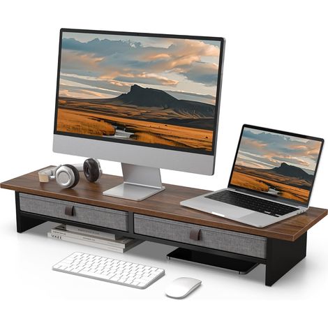Support Ecran PC 90cm, 2 Tiroirs Lin, Ordinateur Moniteur TV, Marron (1/5)