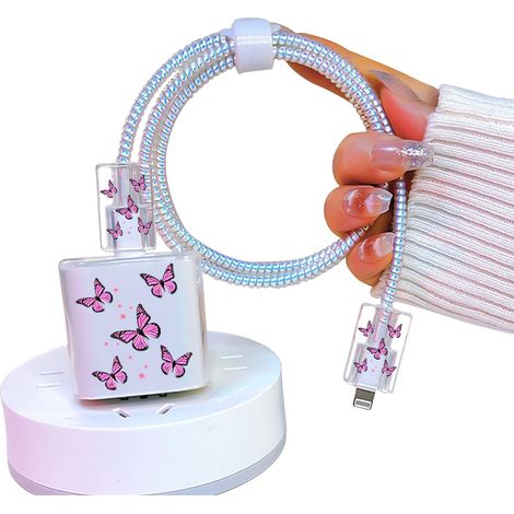Ensemble de protections pour chargeur avec motif peint papillon rose, protection de la ligne de données empêche la rupture du câble de protection pour chargeur (1/5)