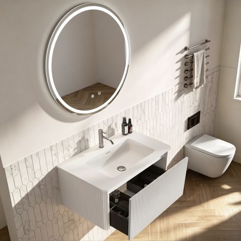Conjunto de muebles de baño con espejo, mueble de lavabo de 80 cm con armario bajo, armario de baño suspendido, premontado, armario a rayas con un cajón, blanco, espejo redondo LED de 80 cm (1/5)