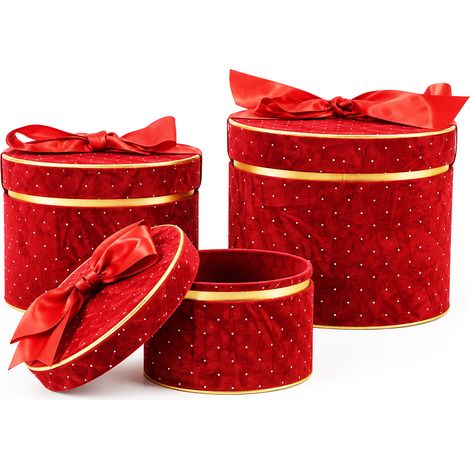 Set 3 Scatole Ovali Decorazione Natalizia Rosso 16/20/25cm Scatola con Fiocco (1/5)