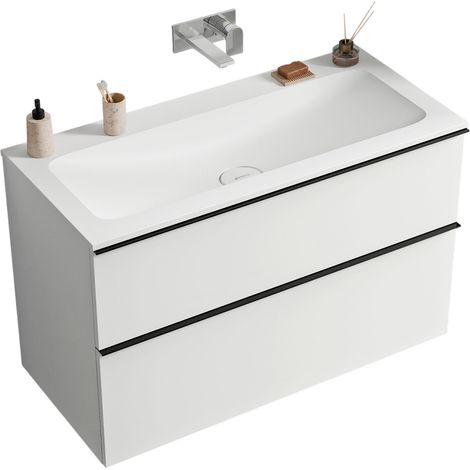 Unterschrank Bernstein LAVOA 80 cm mit Mineralguss Waschbecken CREAM - Badmöbelfarbe Weiß matt, Griff Chrom, Waschbecken Weiß matt ohne Hahnloch (1/5)