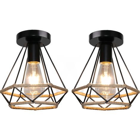 2X Lámpara Colgante Industrial Lámpara De Techo Vintage Retro Jaula De Metal En Forma De Diamante Para Sala De Estar Dormitorio Decorar Hogar Negro