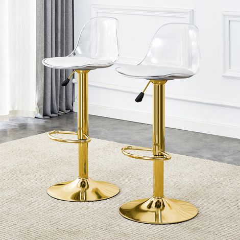Lot de 2 tabourets de bar réglables: dossier transparent, pieds métalliques dorés, hauteur 82-104 cm, siège pivotant à 360°