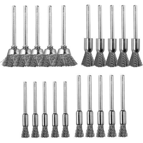 Lot de 20 brosses métalliques de 3 mm en acier pour perceuse, 4 tailles, petite brosse pour meulage, enlever la rouille et les taches (1/5)