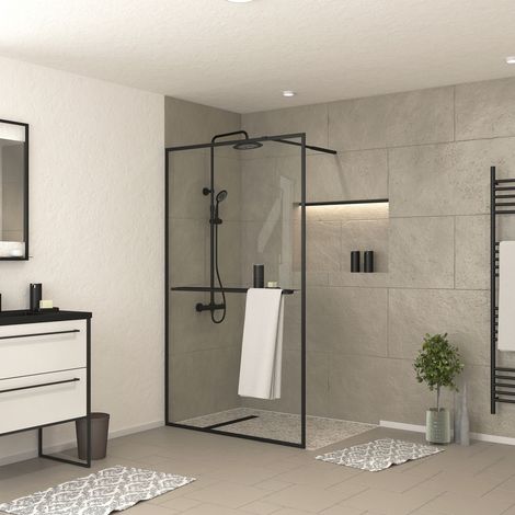 paroi de douche noir mat 120x200cm - porte-serviette et étagère - dark contouring shelf