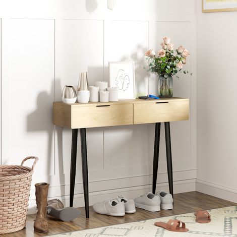 Mueble para Recibidor con 2 Cajones y Patas de Acero para Recibidor Entrada Pasillo 100x30x80,5 cm Roble (1/5)