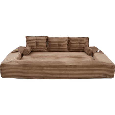 Divano letto 3 posti in velluto a coste marrone, con molle, tasche e portabevande (1/5)