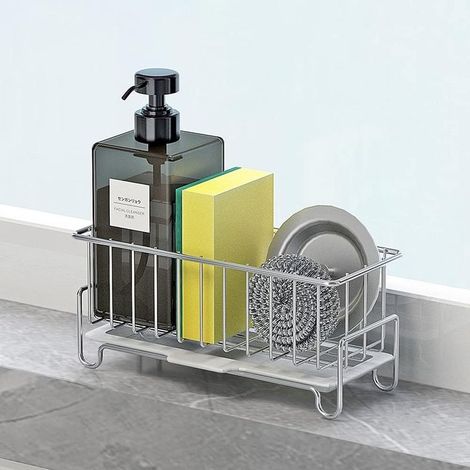 Organisateur d'évier, porte-éponge avec bac égouttoir, acier inoxydable 304, pour éponges, savon, cuisine, salle de bain, argent (1/5)