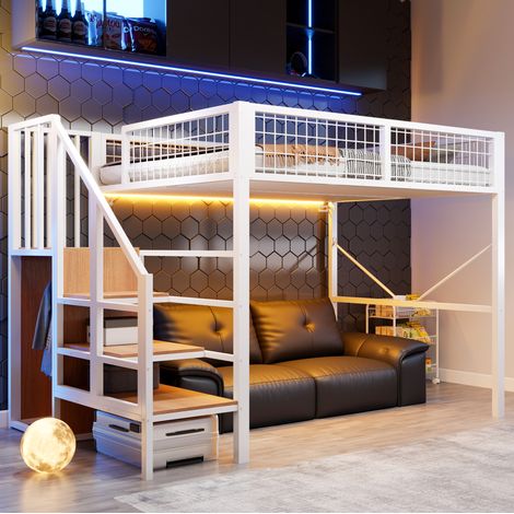 Lit mezzanine 140x200 cm en métal blanc avec rangement, gain de place, sans matelas – MEUBLIV (1/5)