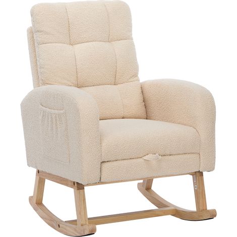Silla mecedora de bouclé beige con estructura de madera, respaldo alto y bolsillo lateral (1/5)