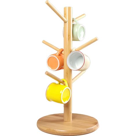Soporte para tazas con 6 ganchos, portavasos de bambú, estructura de árbol, soporte de madera desmontable para tazas para cocina, restaurante, bar. (1/5)