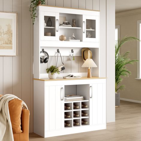 Aparador/buffet con vitrina, 175 cm, mueble de cocina con puertas de cristal, botellero y barra para colgar ropa, vitrina/despensa/mueble de cocina para cocina, comedor (1/5)