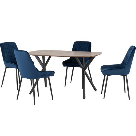 Athens Rectangular Dining Set with Avery Chairs - Medium Oak Effect/Black/Sapphire Blue Velvet (1/4)