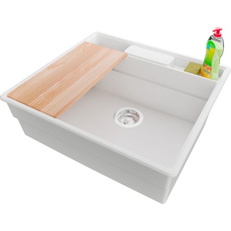 PRIMAGRAN Evier Cuisine en Granit 58x53cm,Lavabo 1 bac + Kit de Vidage + Accessoires, Évier à Encastrer au meuble 60cm - New York, Blanc (1/5)