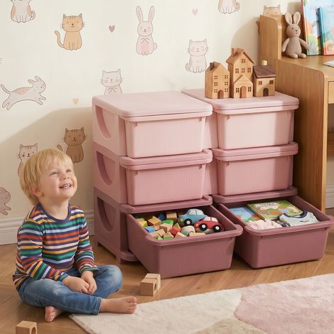 Torre de Almacenamiento Infantil con 6 Cajones Organizador de Juguetes con Bordes Redondeados y Asas 75x37x56,5 cm Rosa (1/5)