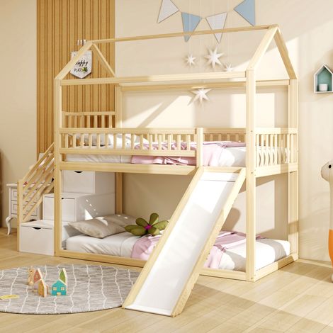 Cama alta infantil 90x200 cm color madera natural de madera con tobogán y escalera con almacenaje (1/5)