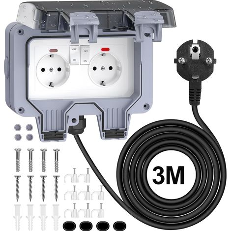 Prise extérieure étanche IP66 - 2 compartiments avec câble de 3 m