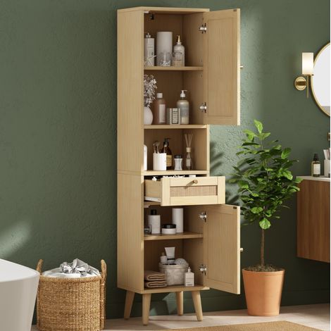 Armoire de salle de bain haute 166 cm en MDF, portes effet rotin, 40×30 cm, bois naturel (1/5)