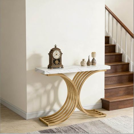 Console d'entrée 100 x 30 x 80 cm en métal et effet marbre, dorée et blanche OKMYHOME (1/5)