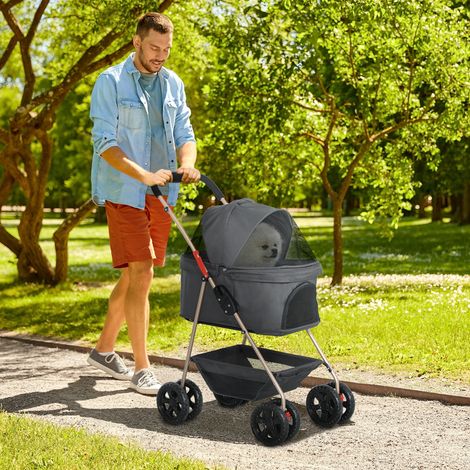 Poussette 3 en 1 pour animaux - grise ManBo - poussette pliable 4 roues avec cage détachable pour chiens et chats