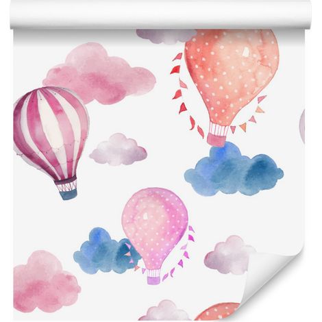 Papel pintado con globos frente a nubes coloridas para salón y dormitorio, 50x1000 cm. (1/5)