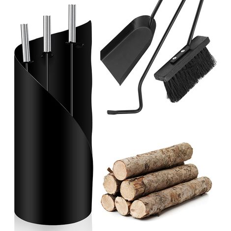 Randaco 4-teilig Kaminbesteck Edelstahl Kaminbesteck Kamingarnitur Kaminreinigungsset mit Schürhaken, Ascheschaufel, Kaminbesen & Ständer 50cm (1/5)