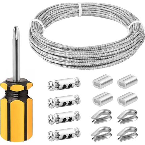 Kit de cable colgante de acero inoxidable recubierto de vinilo de 2 mm x 10 m con guardacabos, manguitos de engarce y clips para plantas de jardín, iluminación de cuadros y tendederos.