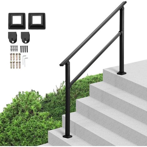 Kit de rampe d'escalier extérieur pour 4 à 5 marches en tube carré noir, barres de support en acier au carbone, installation facile. (1/5)