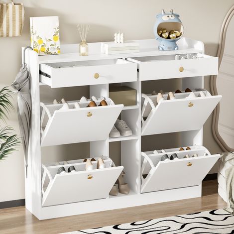 Meuble à chaussures 110x26x100 cm – 4 portes basculantes, 2 tiroirs et 3 niches – blanc (1/5)