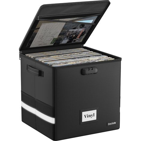 Boîte de rangement ignifuge pour disques vinyles avec serrure, Noir, 33 x 33 x 33cm (1/5)