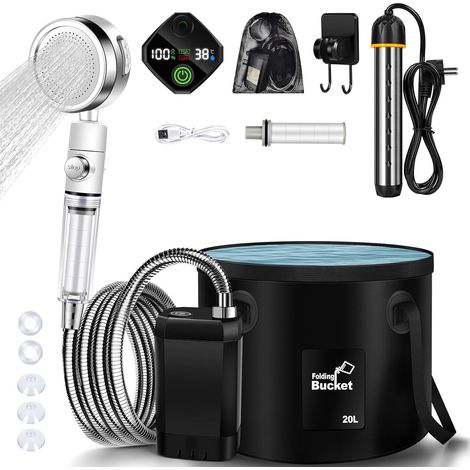 Douche de camping chauffante, douche mobile d'extérieur avec affichage de la température de 6000 mAh, pommeau de douche filtrable et réservoir d'eau de 20 L pour jardin, lavage de voiture (1/5)