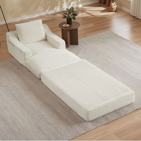 Fauteuil lounge convertible en lit blanc en velours côtelé, design double couche en mousse,100x162x68 cm (1/5)