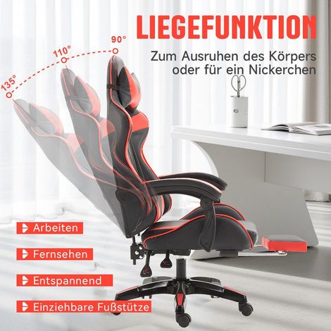 Gaming-Stuhl Gaming Sessel Höhenverstellbar Bürostuhl mit Verstellbar Liegefunktion,mit Katzenohren en Kopfkissen mit Lendenwirbelstütze en Fußstütze