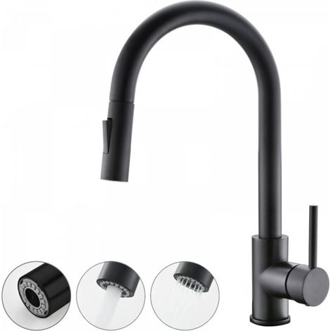 Robinet de cuisine avec douchette amovible, arc élevé en acier inoxydable, noir (1/5)