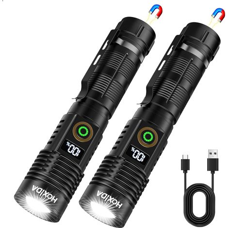 Lot de 2 lampes torches LED rechargeables, lampe torche tactique de 2000 lumens avec écran LCD, 6 modes d'éclairage, zoom, batterie externe USB, base magnétique pour la maison, les situations d'urgenc (1/4)